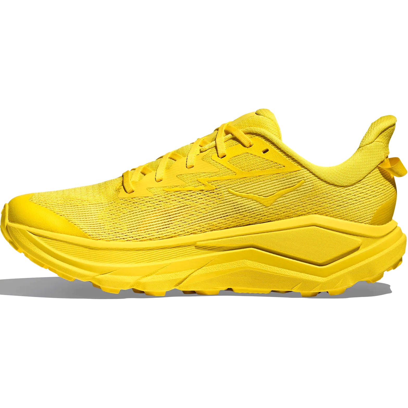 HOKA Challenger 8 men's running shoe in Electric Lemon / Electric Lemon — inner view showing electric lemon rPET engineered mesh upper, plush collar construction and compression moulded EVA midsole