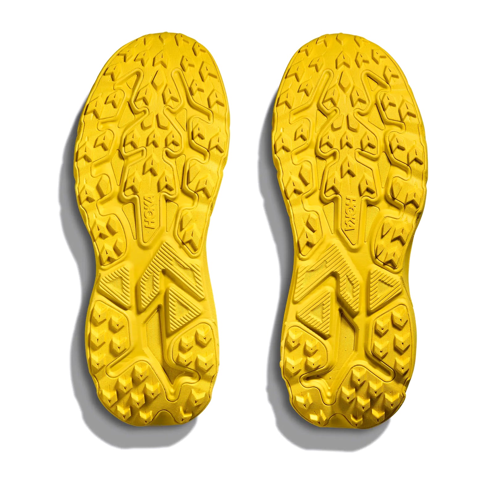 HOKA Challenger 8 men's running shoe in Electric Lemon / Electric Lemon — outsole view showing reimagined multi-directional 4mm lug pattern and electric lemon compression moulded EVA midsole stack