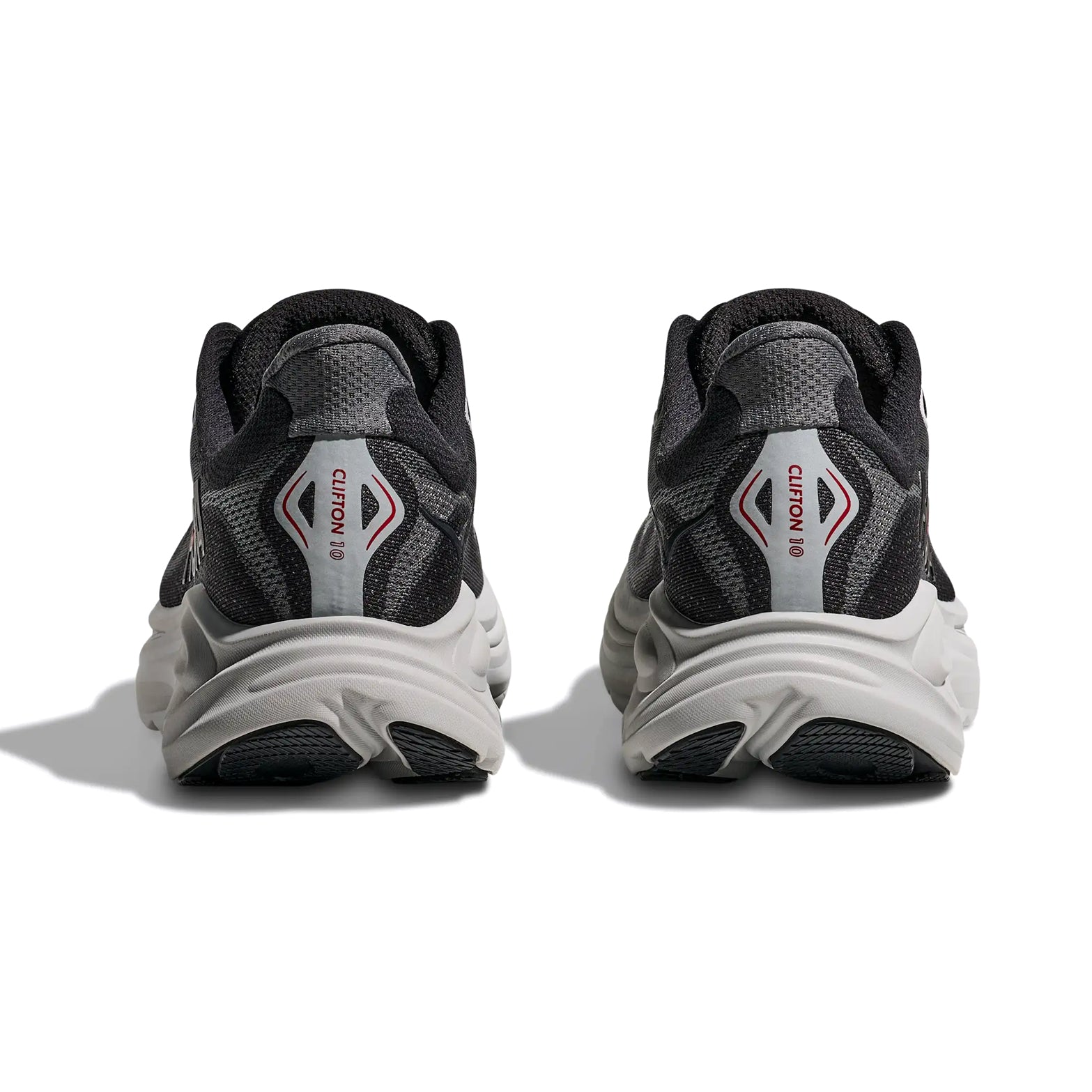 HOKA Clifton heel view highlighting additional heel cushioning and reflective upper details for visibility