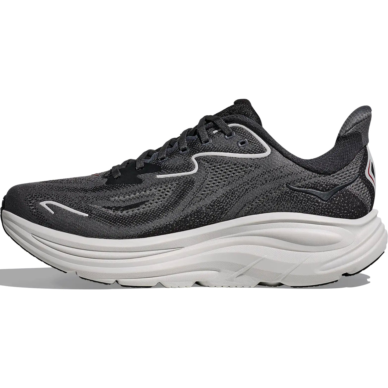 HOKA Clifton running shoes inner side view featuring rearfoot-focused Active Foot Frame and extra heel cushioning