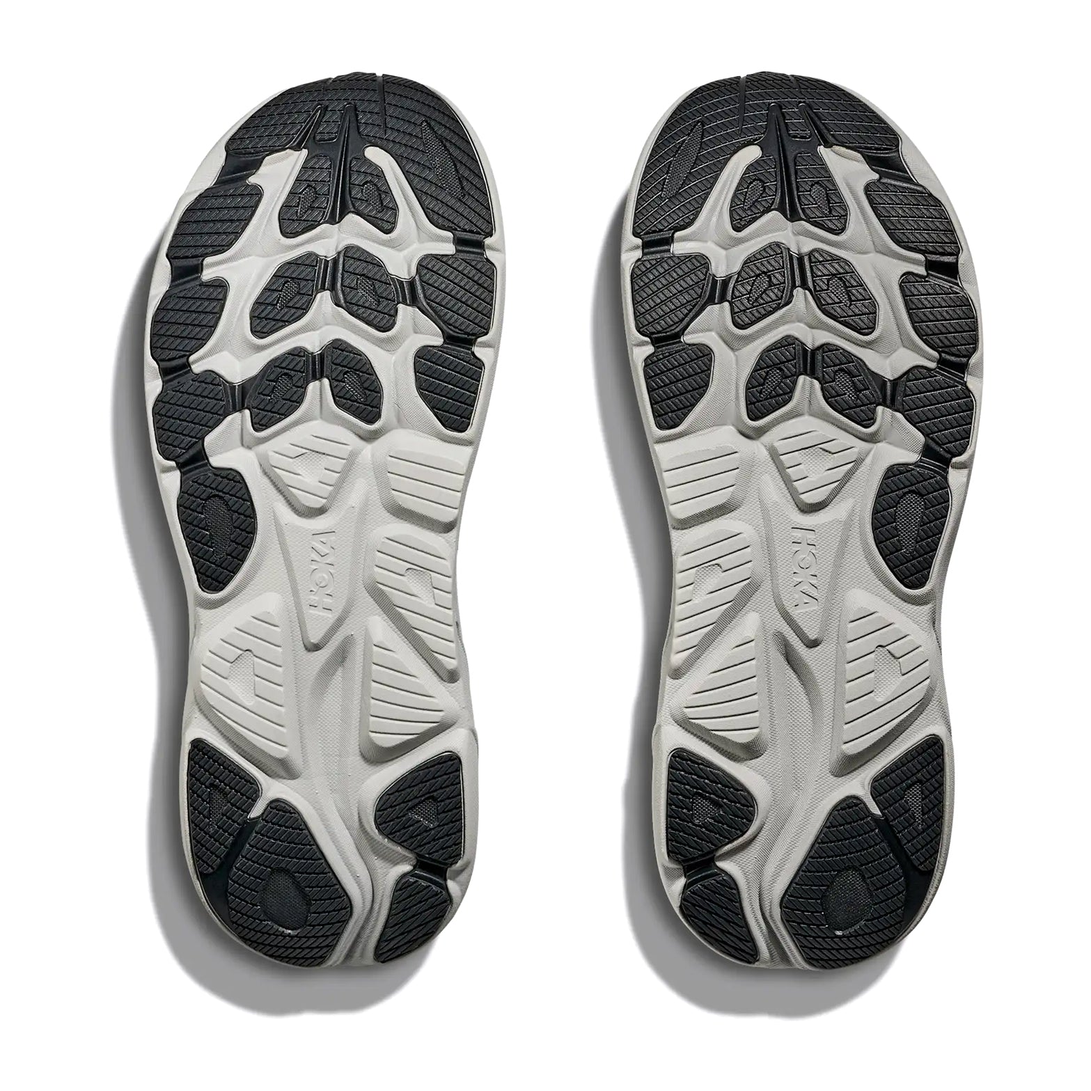 HOKA Clifton outsole view displaying durable abrasion rubber traction pattern for daily training runs