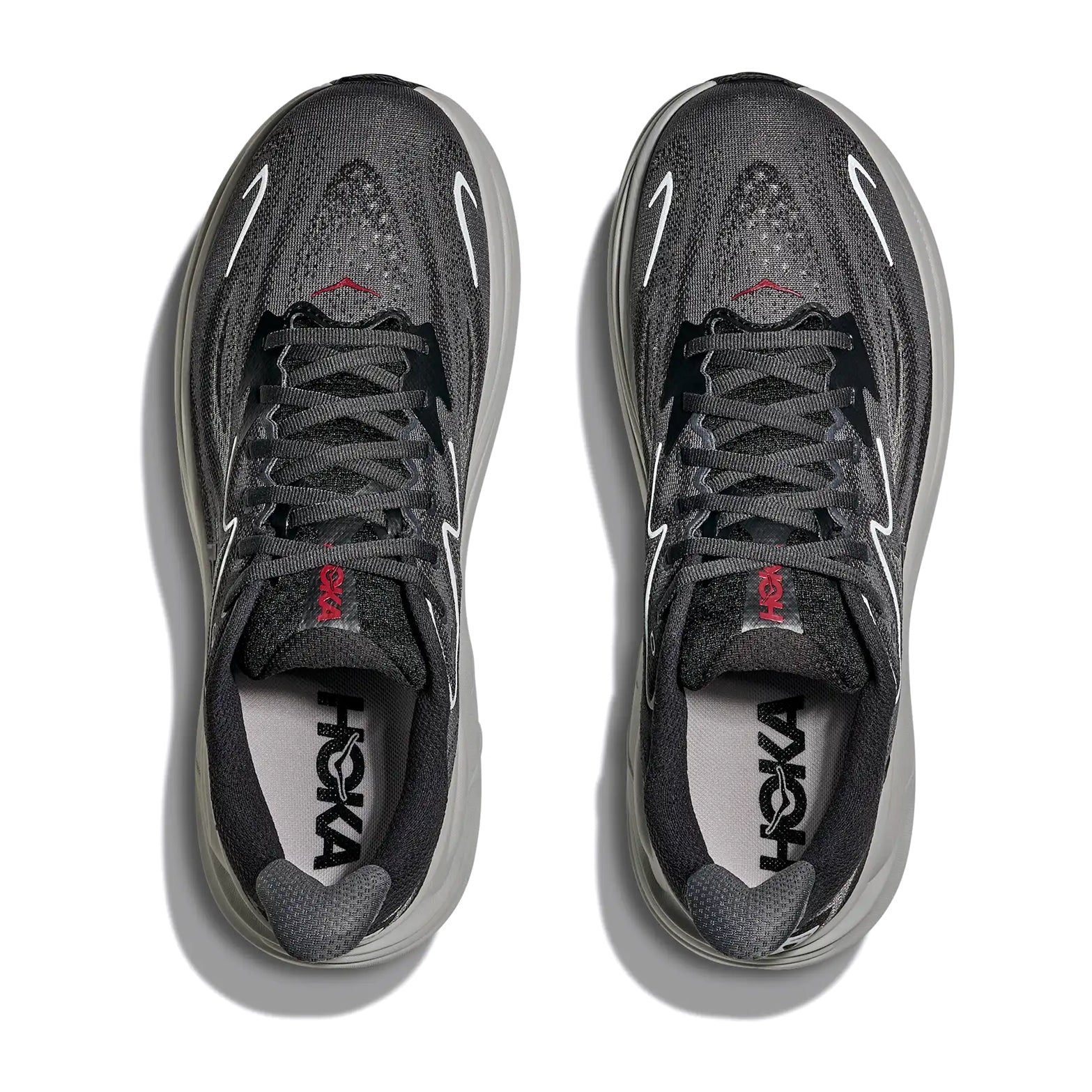 HOKA Clifton running shoes top view showing breathable jacquard knit upper with double-lace lock system