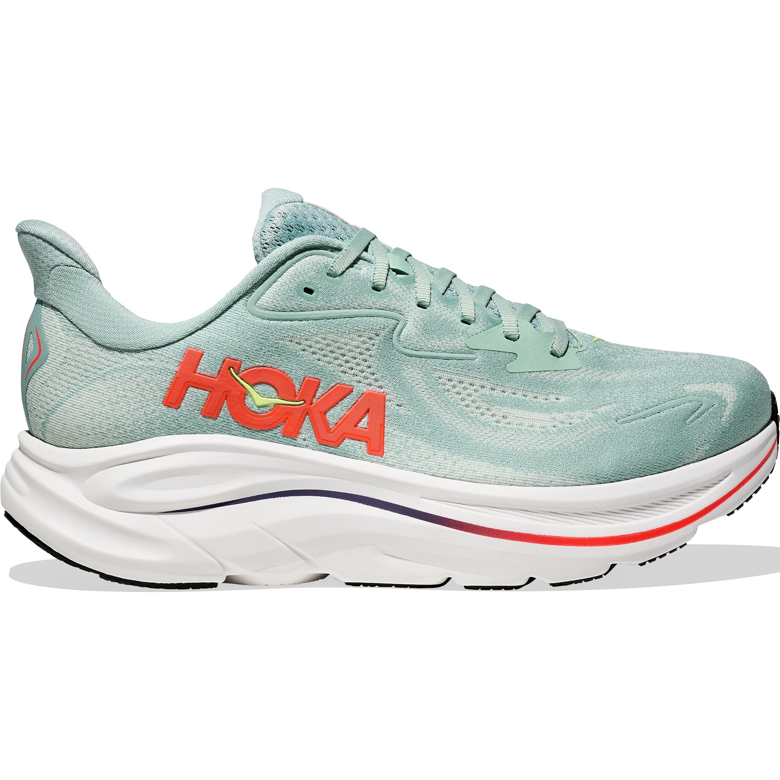 HOKA Clifton 10 men's running shoe in Sage / Neon Flame — outer view showing sage green jacquard knit upper with neon flame orange midsole accent and abrasion rubber outsole