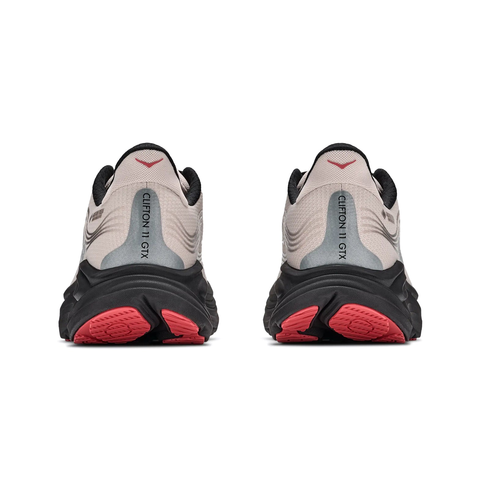 A pair of Hoka Men’s Clifton 11 GORE-TEX Running Shoes in River Rock Grey and Carbon Black is shown from the back, featuring light gray uppers, black midsoles, and black and red outsoles. The heel displays GORE-TEX branding, highlighting their waterproof design and ultra-smooth cushioning for superior comfort.