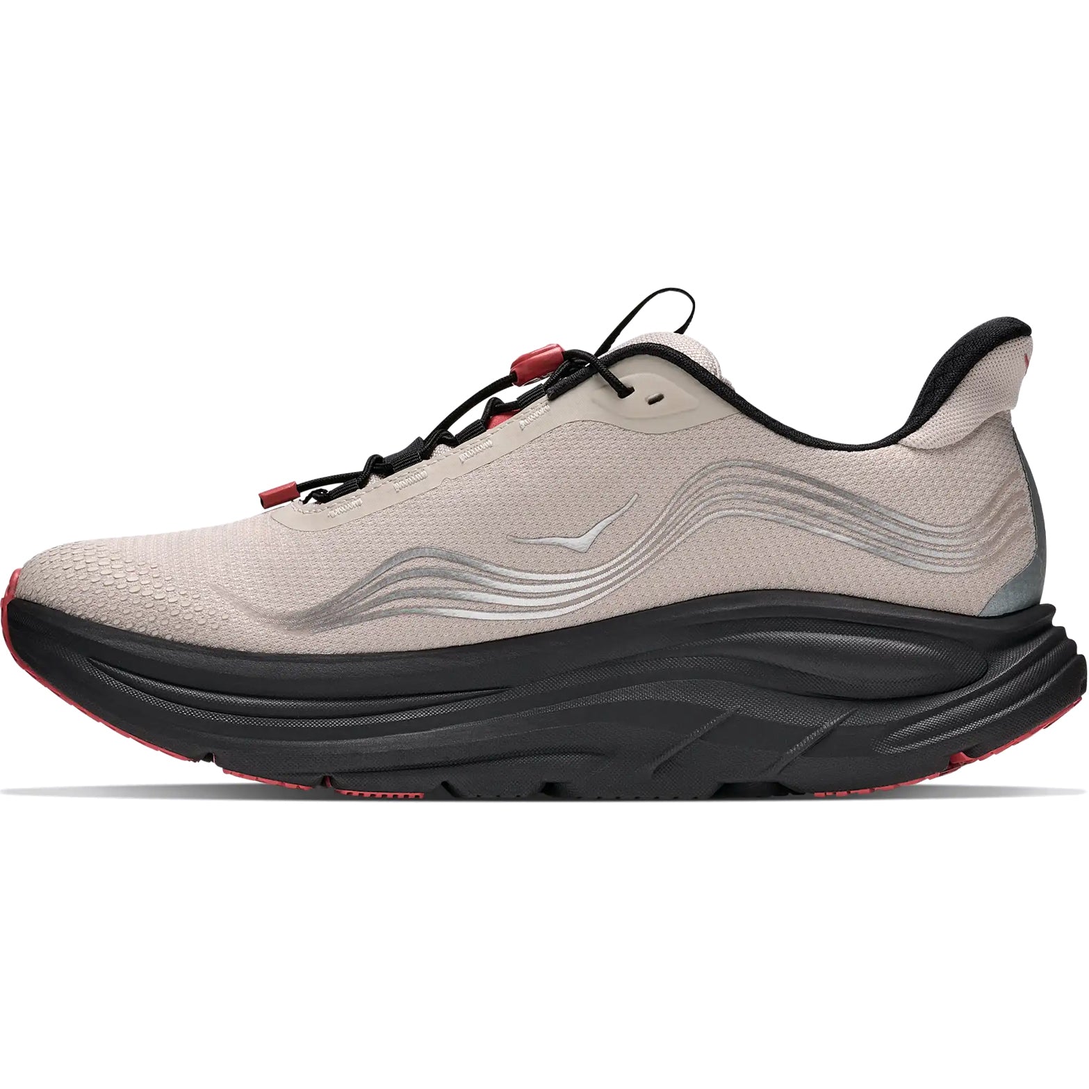 River Rock Grey running shoe with carbon black and red accents, featuring a thick black sole, streamlined silhouette, and quick-lace system—shown in side profile against a white background—delivering ultra-smooth cushioning inspired by the Hoka Men’s Clifton 11 GORE-TEX waterproof running shoes.