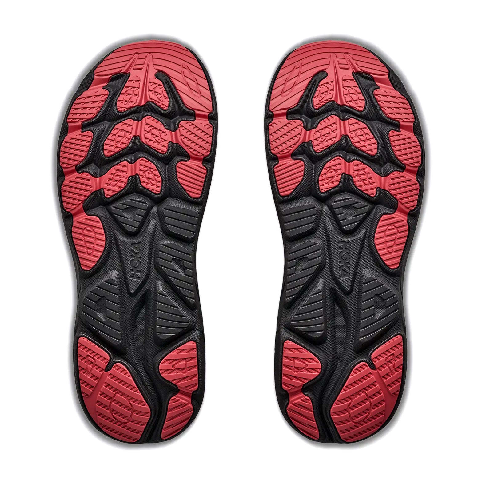 Two shoe soles with a black and red pattern, featuring textured grip sections and ultra-smooth cushioning. The soles, designed for the Hoka Men’s Clifton 11 GORE-TEX Running Shoes in River Rock Grey / Carbon Black, are placed side by side on a white background.