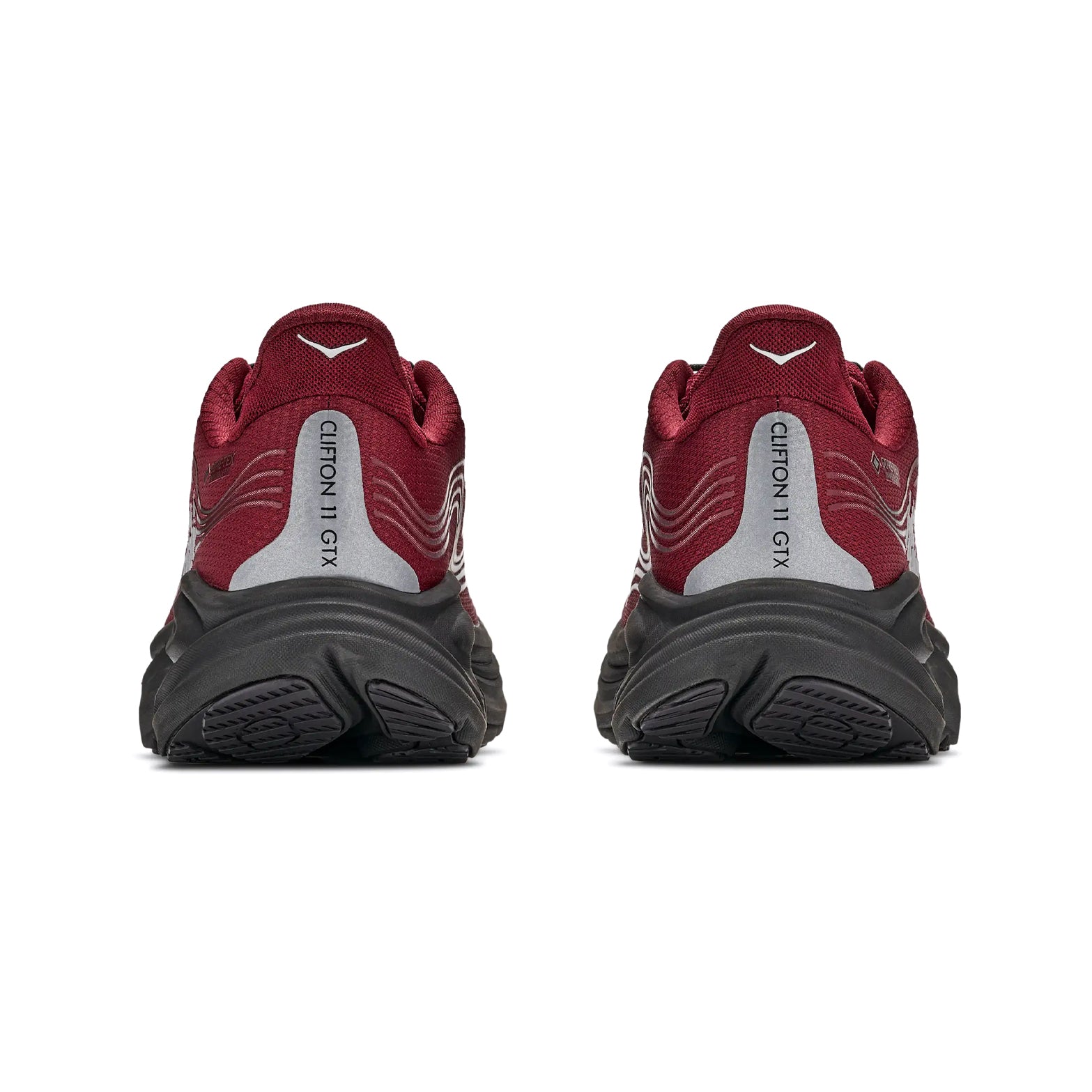 A pair of Hoka Men’s Clifton 11 GORE-TEX Running Shoes in Varsity Burgundy and Carbon Black are shown from the back, with “GITRONI GTX” text on the heels and a white chevron-like detail near the top—these waterproof shoes deliver ultra-smooth cushioning for every stride.