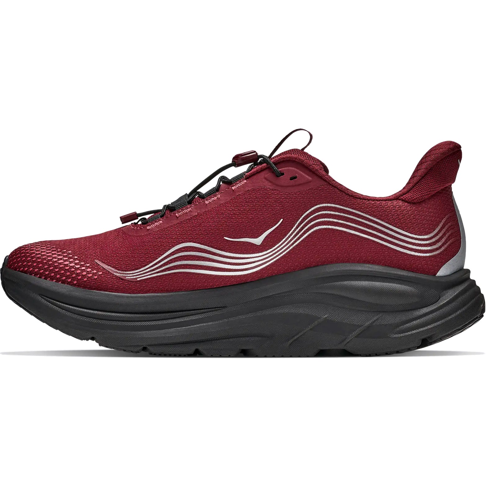 The Hoka Men’s Clifton 11 GORE-TEX Running Shoes in Varsity Burgundy and Carbon Black are shown in a side profile against a white background, featuring maroon uppers with sleek silver wave accents, a black sole, and a toggle lace system. Inspired by the ultra-smooth cushioning of the Clifton line, this waterproof running shoe offers exceptional comfort and performance in any weather.