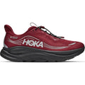 The Men’s Clifton 11 GORE-TEX Running Shoes by Hoka in Varsity Burgundy and Carbon Black feature a maroon upper with black soles, silver accents, and Gore-Tex branding. Designed with a quick-lace system and a thick cushioned midsole for ultra-smooth comfort, these waterproof shoes are perfect for running in any weather.