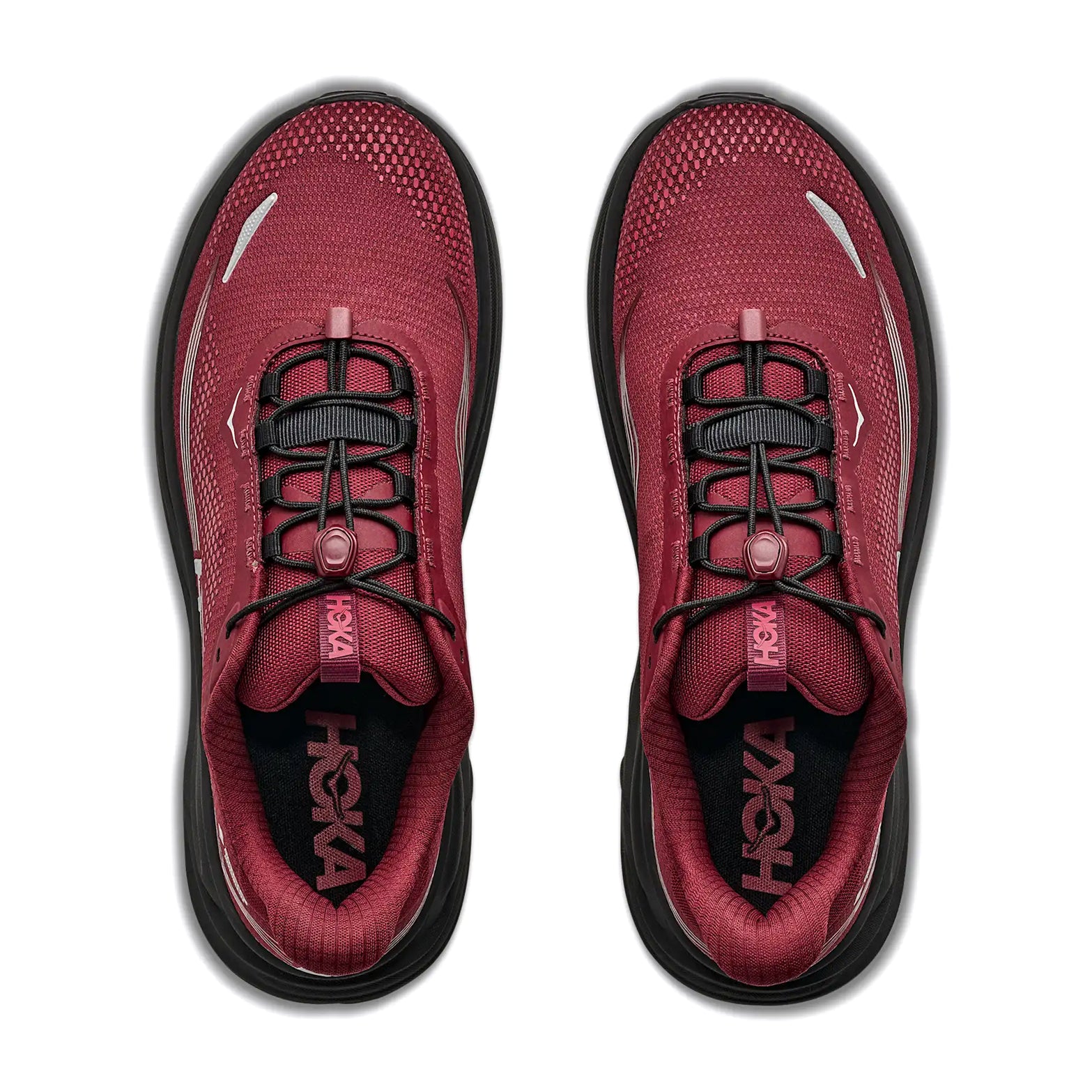 A pair of Hoka Men’s Clifton 11 GORE-TEX Running Shoes in Varsity Burgundy / Carbon Black, viewed from above, showcasing black midsoles, quick-pull black laces, breathable mesh uppers, and ultra-smooth cushioning for exceptional comfort in these waterproof running shoes.