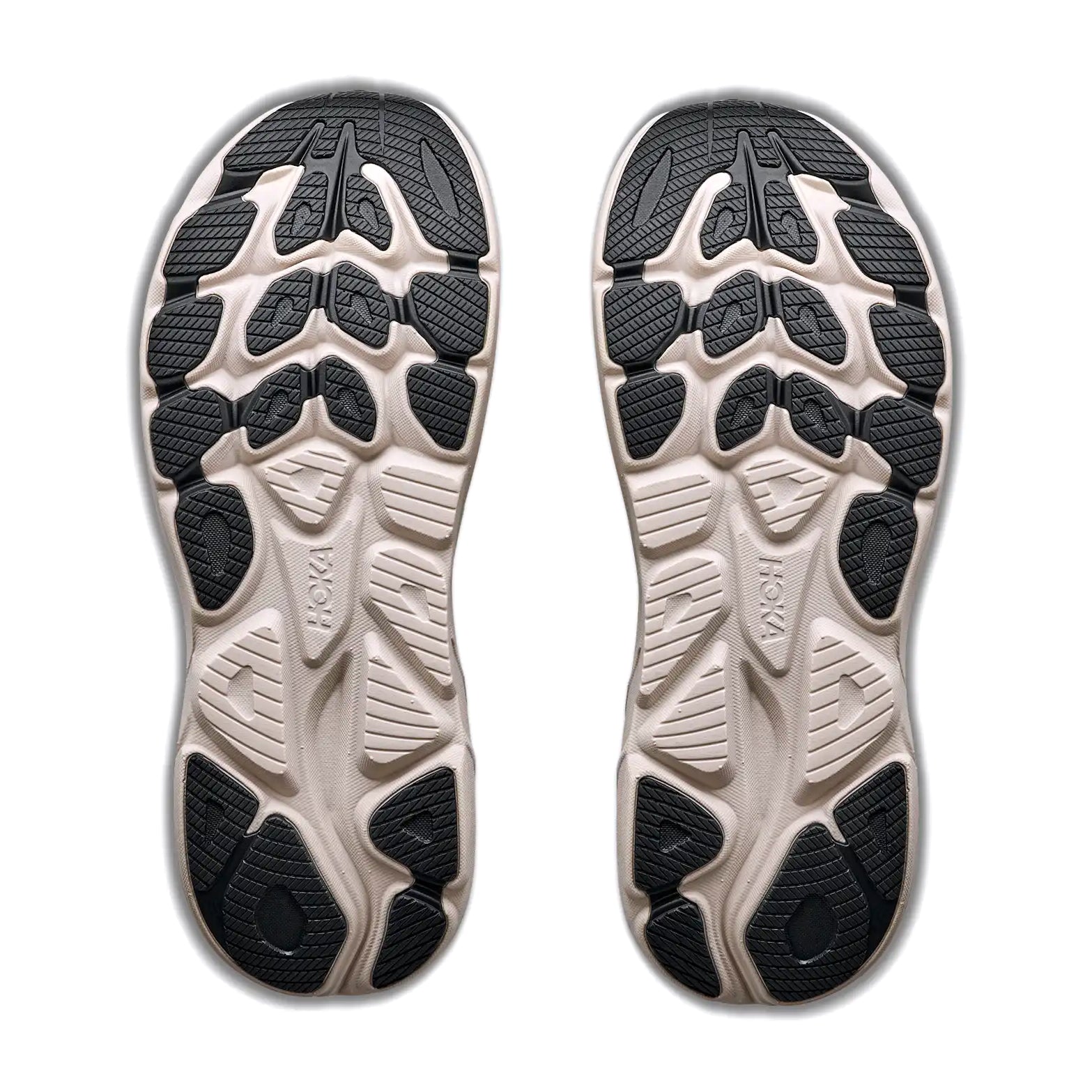 Two antique olive and river rock grey shoe soles with black textured grip patterns are placed side by side on a white background, showcasing the intricate tread design found in the HOKA Men’s Clifton 11 Running Shoes. The compression-moulded EVA foam delivers lightweight comfort and responsive cushioning with every stride.