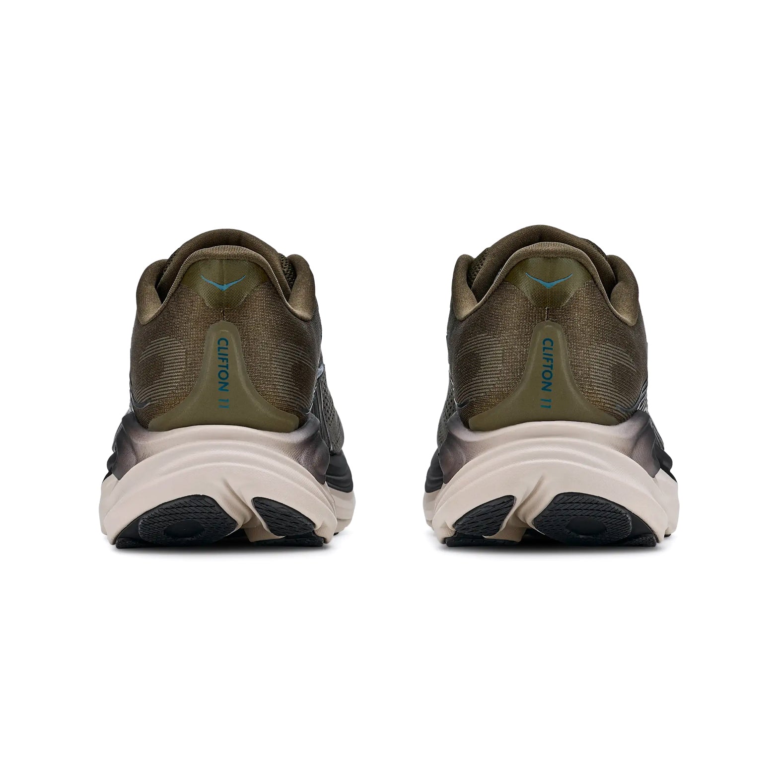 A pair of Hoka Men’s Clifton 11 Running Shoes in Antique Olive / River Rock Grey are shown from the back, featuring white soles with compression-moulded EVA foam and “Clifton 11” text in blue on the heels.