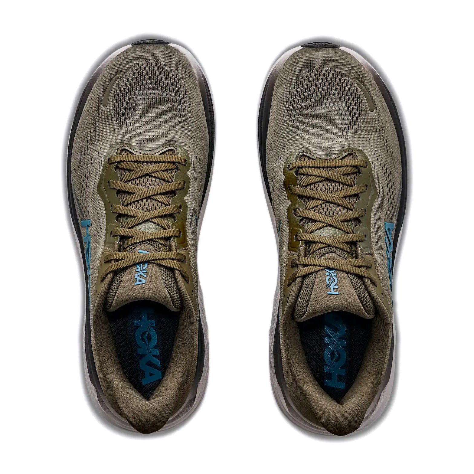 Top view of a pair of Men’s Clifton 11 Running Shoes from Hoka in Antique Olive / River Rock Grey, featuring mesh uppers, brown laces, and black insoles with blue Hoka branding. Crafted with compression-moulded EVA foam for enhanced cushioning and support, these shoes are displayed side by side on a white background.