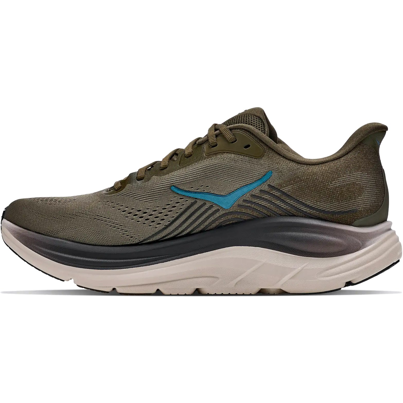 Men’s Clifton 11 Running Shoes by Hoka in Antique Olive / River Rock Grey, featuring an olive green mesh upper with laces, a blue logo detail, black midsole, and beige outsole. The side profile highlights the compression-moulded EVA foam midsole for superior cushioning, shown against a white background.