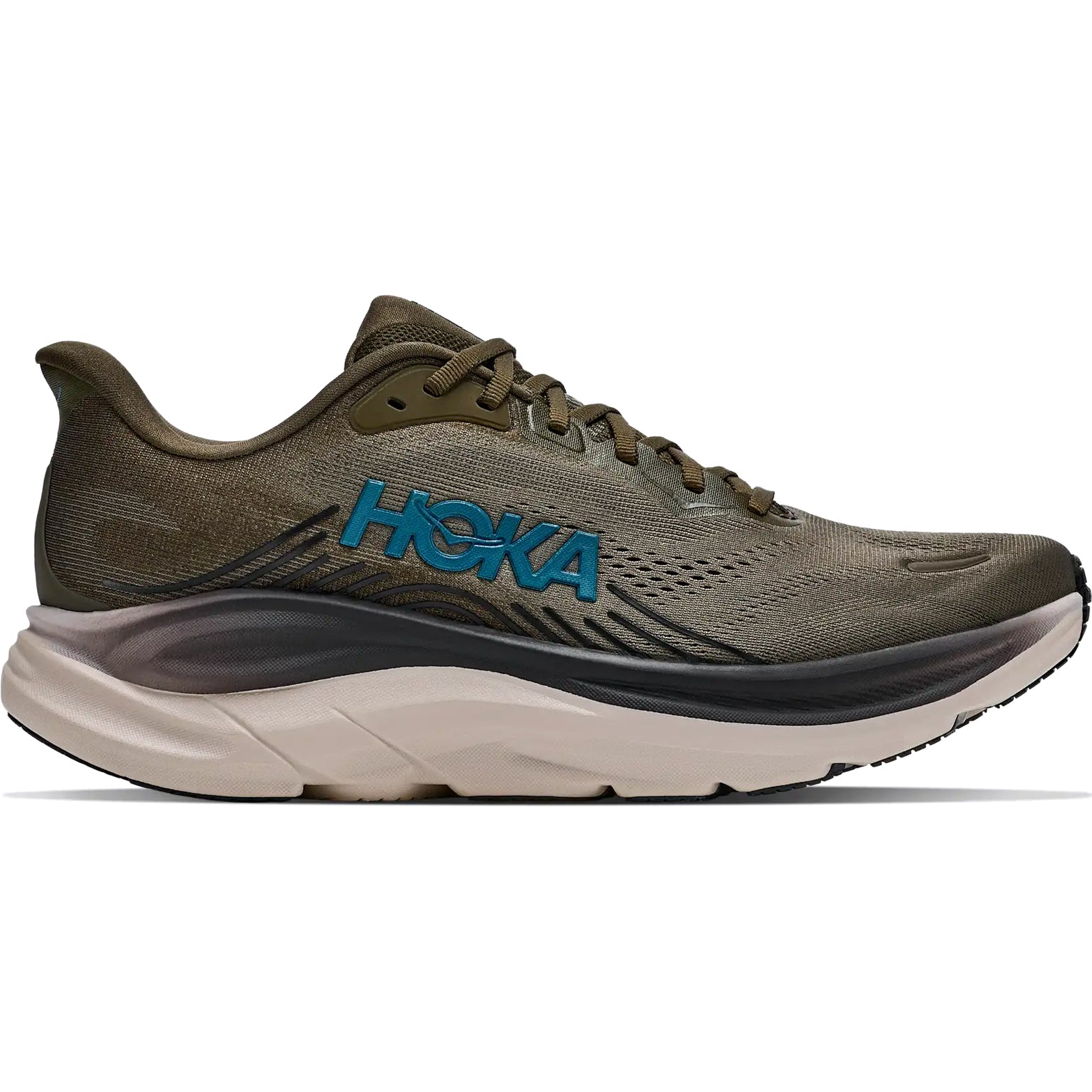 Discover the new Men’s Clifton 11 Running Shoes by Hoka in Antique Olive / River Rock Grey. Highlighted in a side profile against a white background, these running shoes feature an eye-catching olive green upper, complemented by a thick off-white compression-moulded EVA foam sole for exceptional cushioning. Black midsole accents and a bold blue Hoka logo along the side combine innovative design with outstanding comfort in every step.