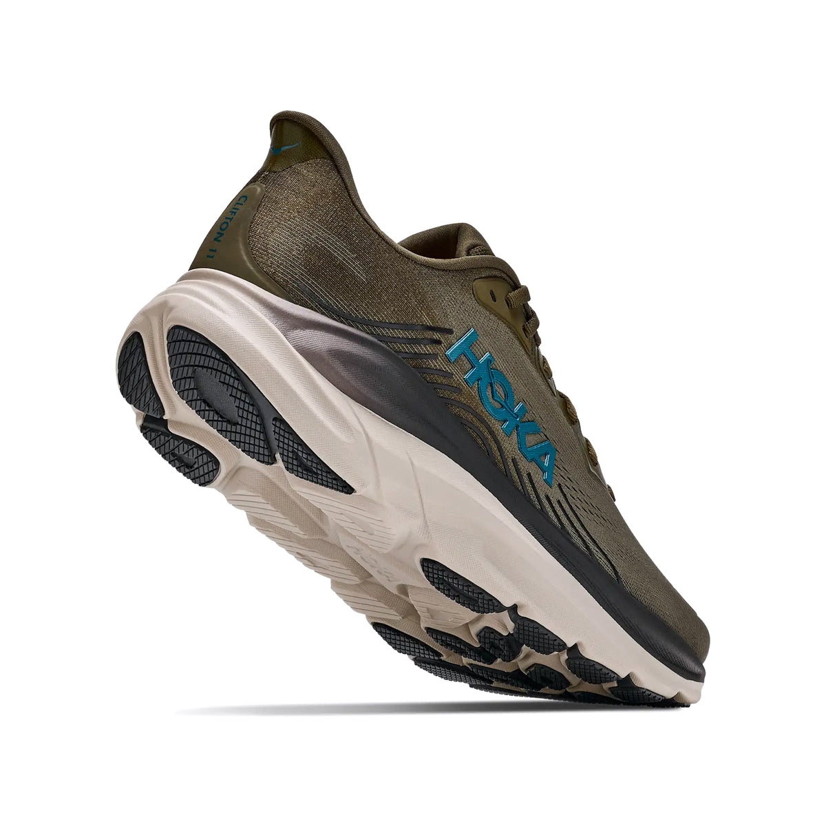 A single olive green Hoka running shoe viewed from a low rear angle, showing the thick white and black sole and blue Hoka logo on the side.