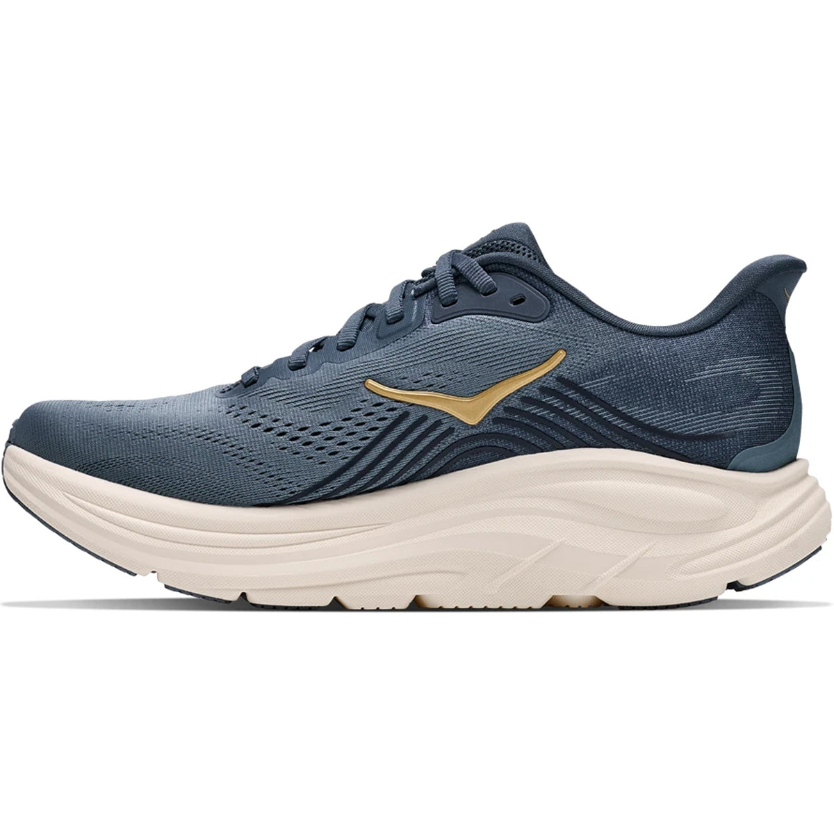 Men’s Clifton 11 Running Shoes Faded Navy in dark blue with a thick, cream-colored compression moulded EVA foam midsole and a gold logo on the side.