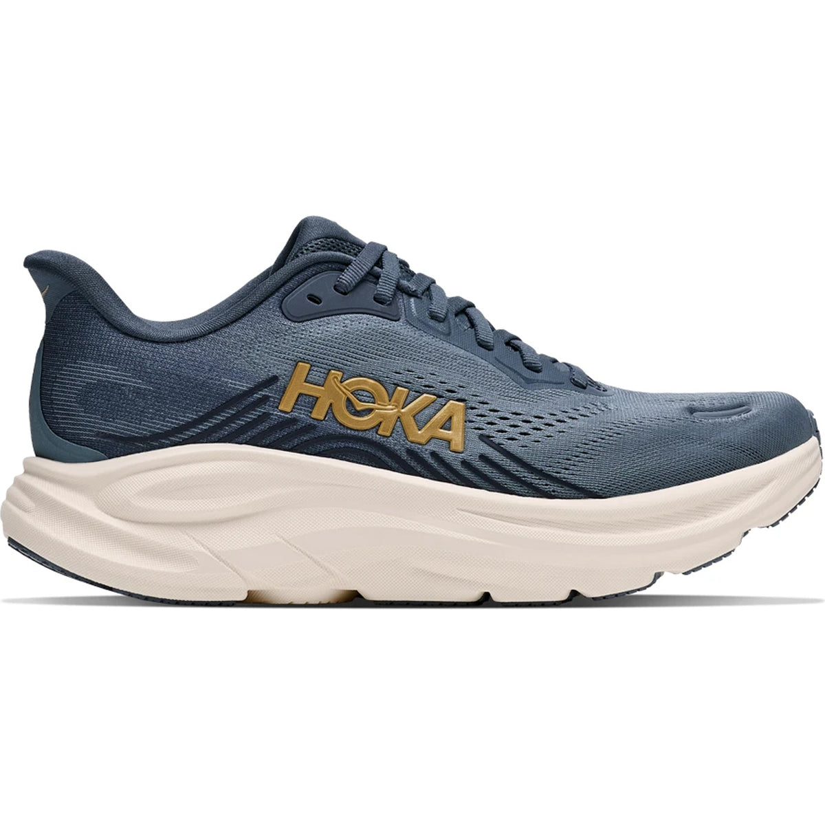 Men’s Clifton 11 Running Shoes Faded Navy in dark blue with a thick, cream-colored midsole and a gold logo on the side.