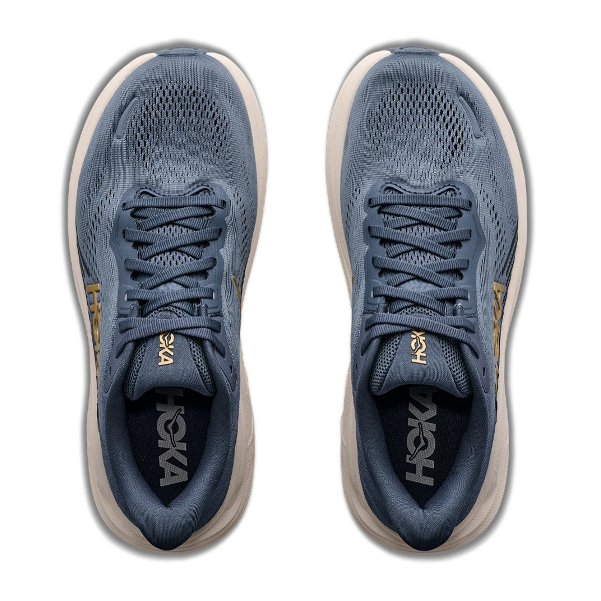 Top-down view of a pair of Men’s Clifton 11 Running Shoes Faded Navy with thick, light-colored midsoles.