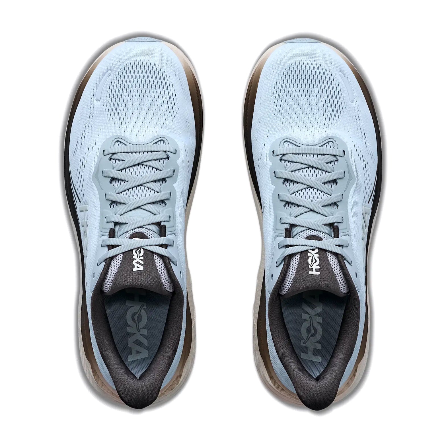 Men's HOKA Clifton 11 Running Shoes Stardust Alabaster top view showing elevated engineered mesh upper with 3D silicone print and tactile touchpoints for lightweight daily running