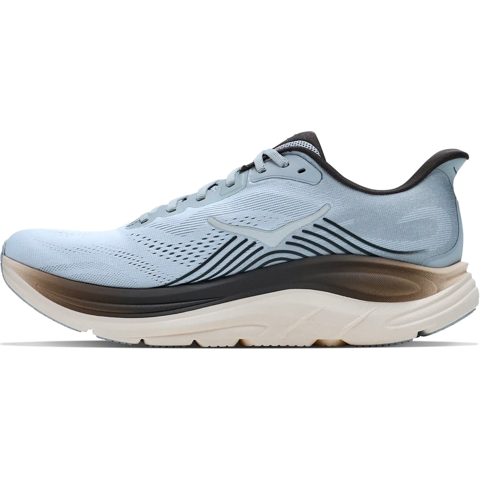 Men's HOKA Clifton 11 Running Shoes Stardust Alabaster inner side view showing Active Foot Frame rearfoot support with compression moulded EVA foam for comfortable daily training