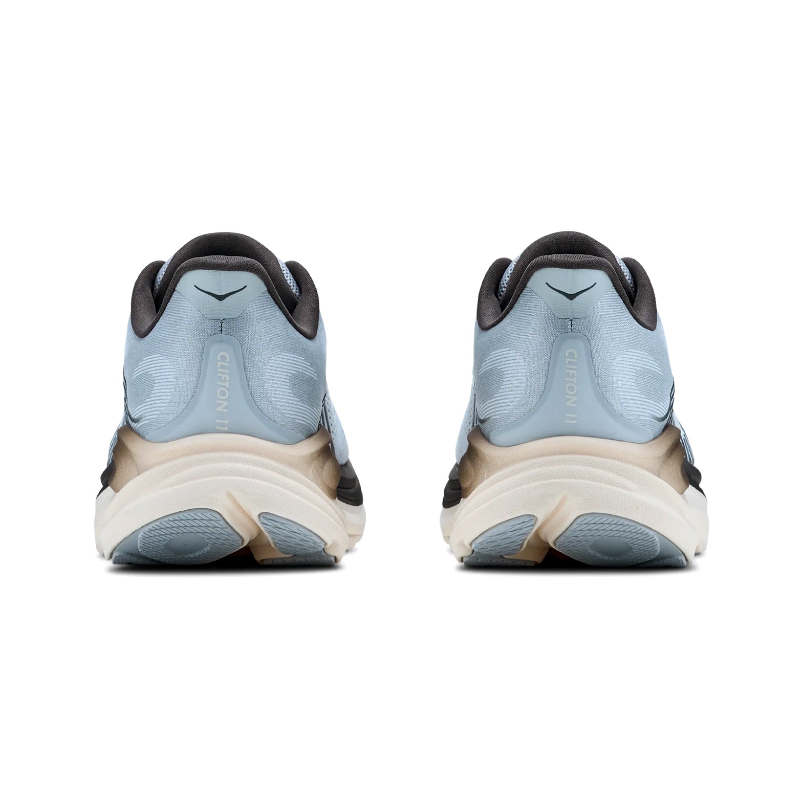 Men's HOKA Clifton 11 Running Shoes Stardust Alabaster heel view showing compression moulded EVA foam with Active Foot Frame for supportive plush landings during road running