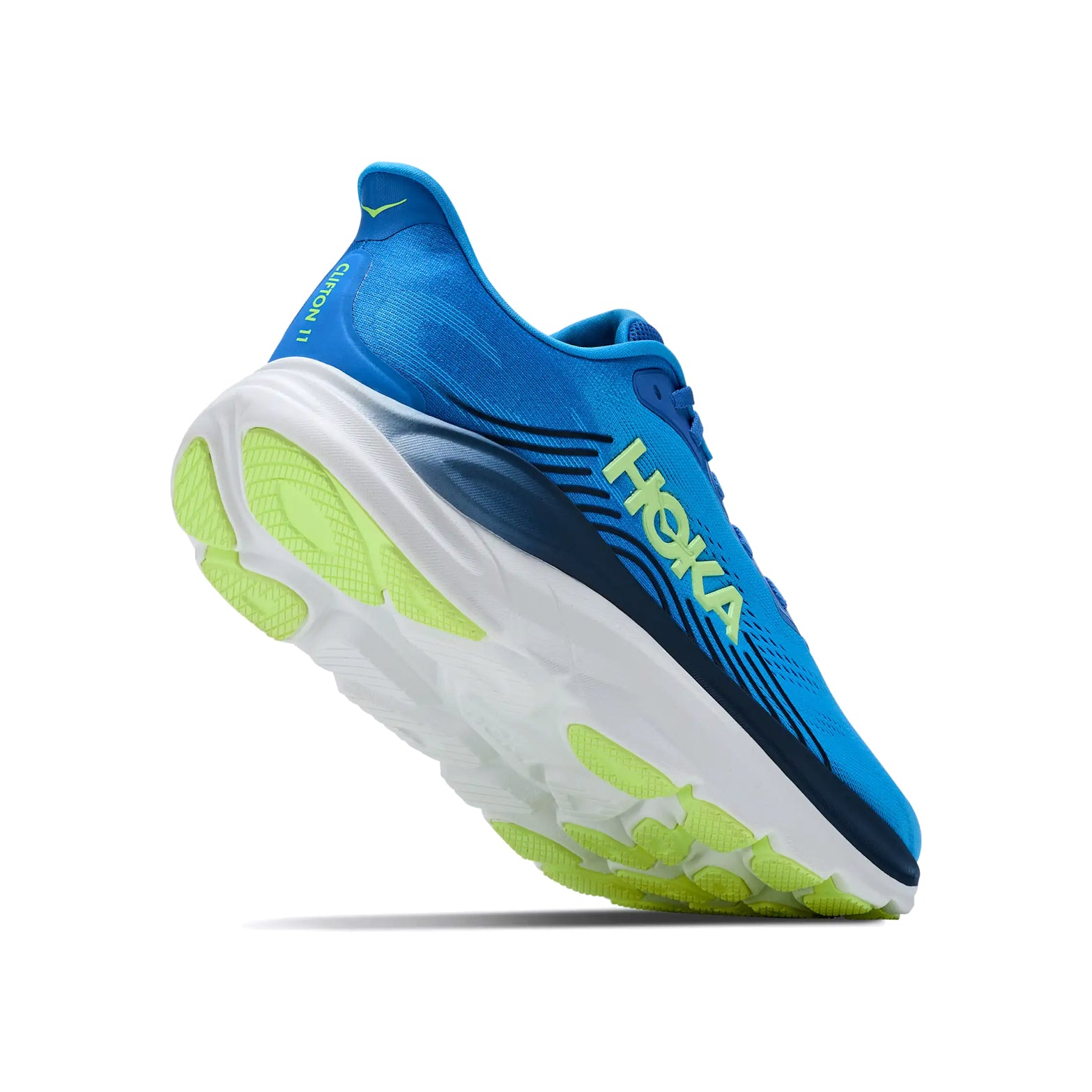 Men's HOKA Clifton 11 Running Shoes Virtual Blue Soft Cobalt angled side and heel view showing compression moulded EVA foam with MetaRocker geometry and durable outsole for effortless plush daily road running