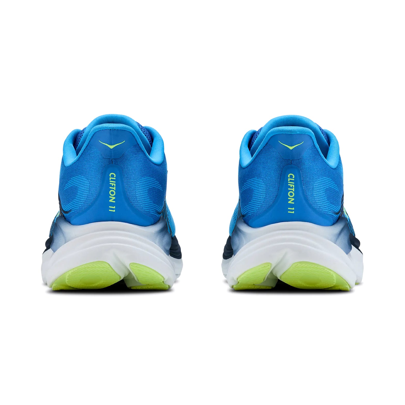 Men's HOKA Clifton 11 Running Shoes Virtual Blue Soft Cobalt heel view showing compression moulded EVA foam with Active Foot Frame for supportive plush landings during road running