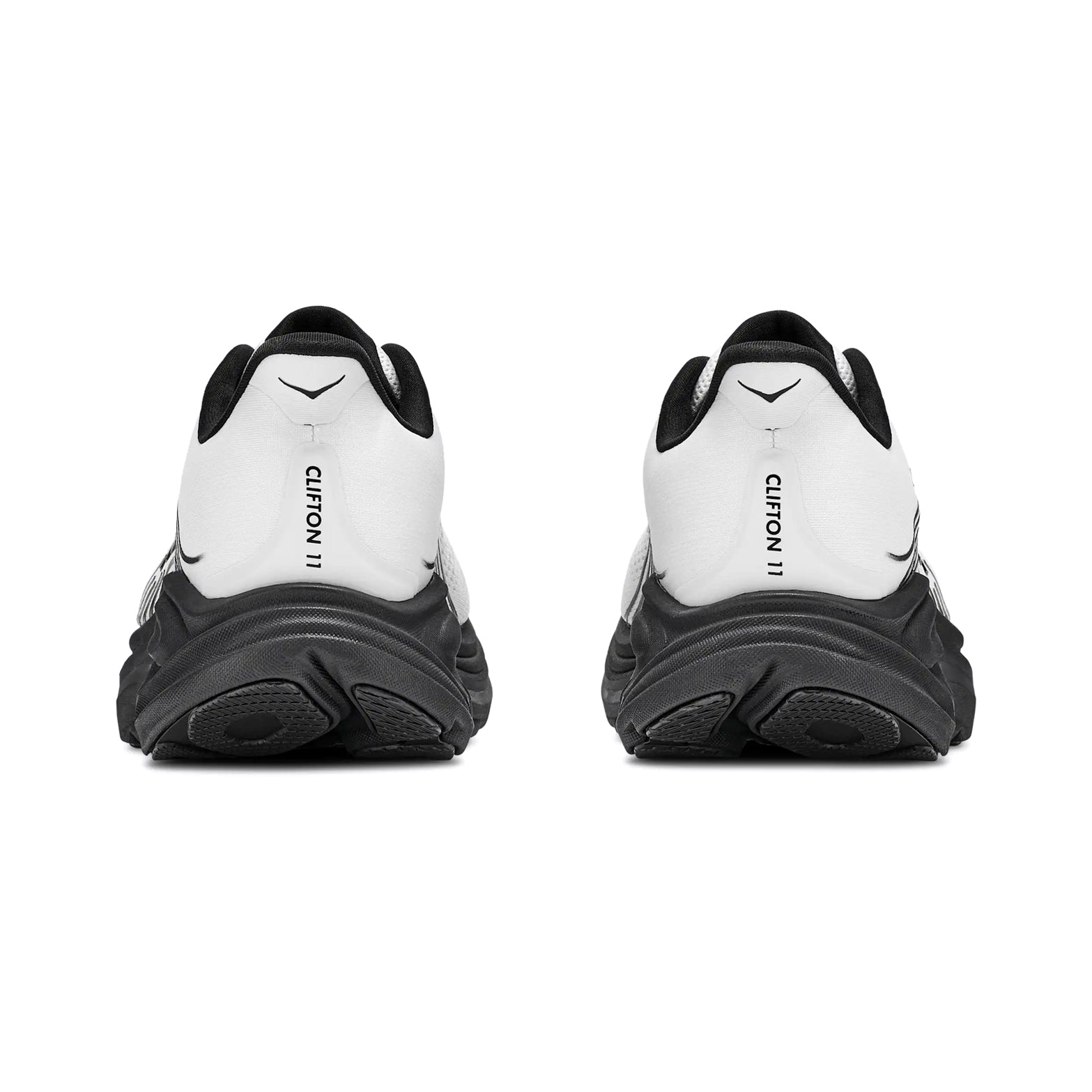 Men's HOKA Clifton 11 Running Shoes White Black heel view showing compression moulded EVA foam with Active Foot Frame for supportive plush landings during road running
