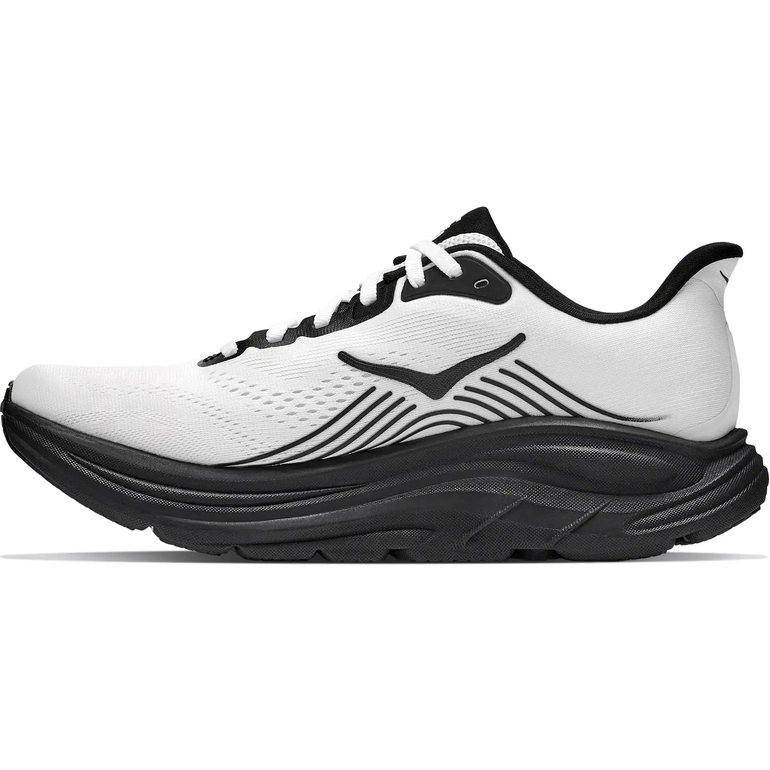 Men's HOKA Clifton 11 Running Shoes White Black inner side view showing Active Foot Frame rearfoot support with compression moulded EVA foam for comfortable daily training