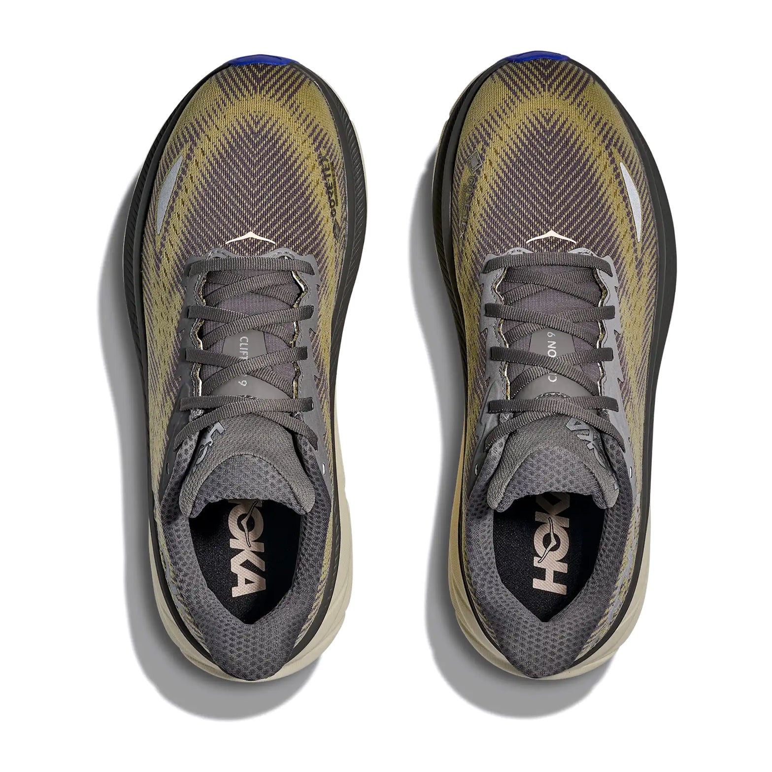 Men's HOKA Clifton 9 GORE-TEX Running Shoes Gravel Eggshell top view showing closed mesh construction with 360-degree reflectivity and recycled polyester upper