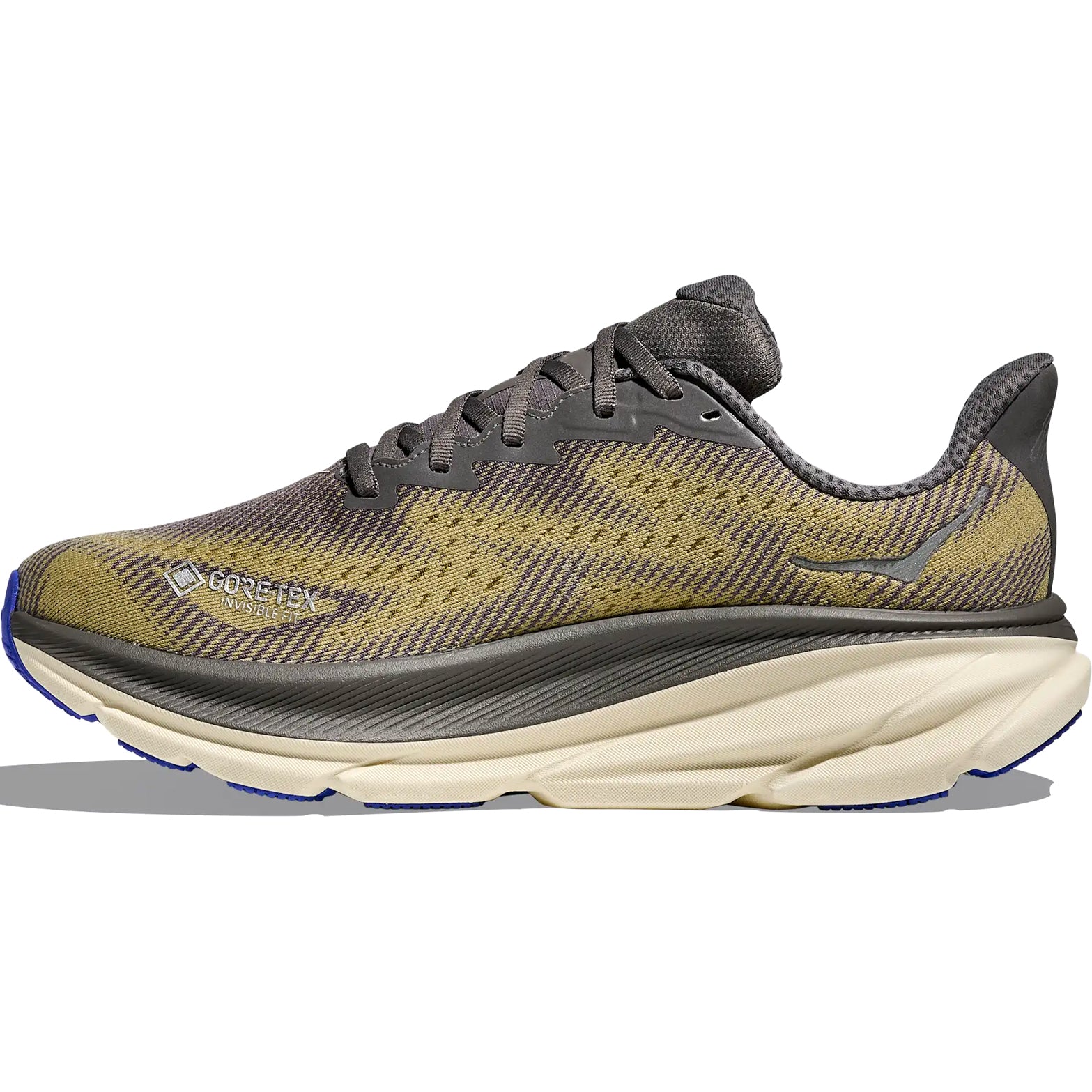 Men's HOKA Clifton 9 GORE-TEX Running Shoes Gravel Eggshell inner side view showing GORE-TEX waterproof protection and Clifton cushioned midsole