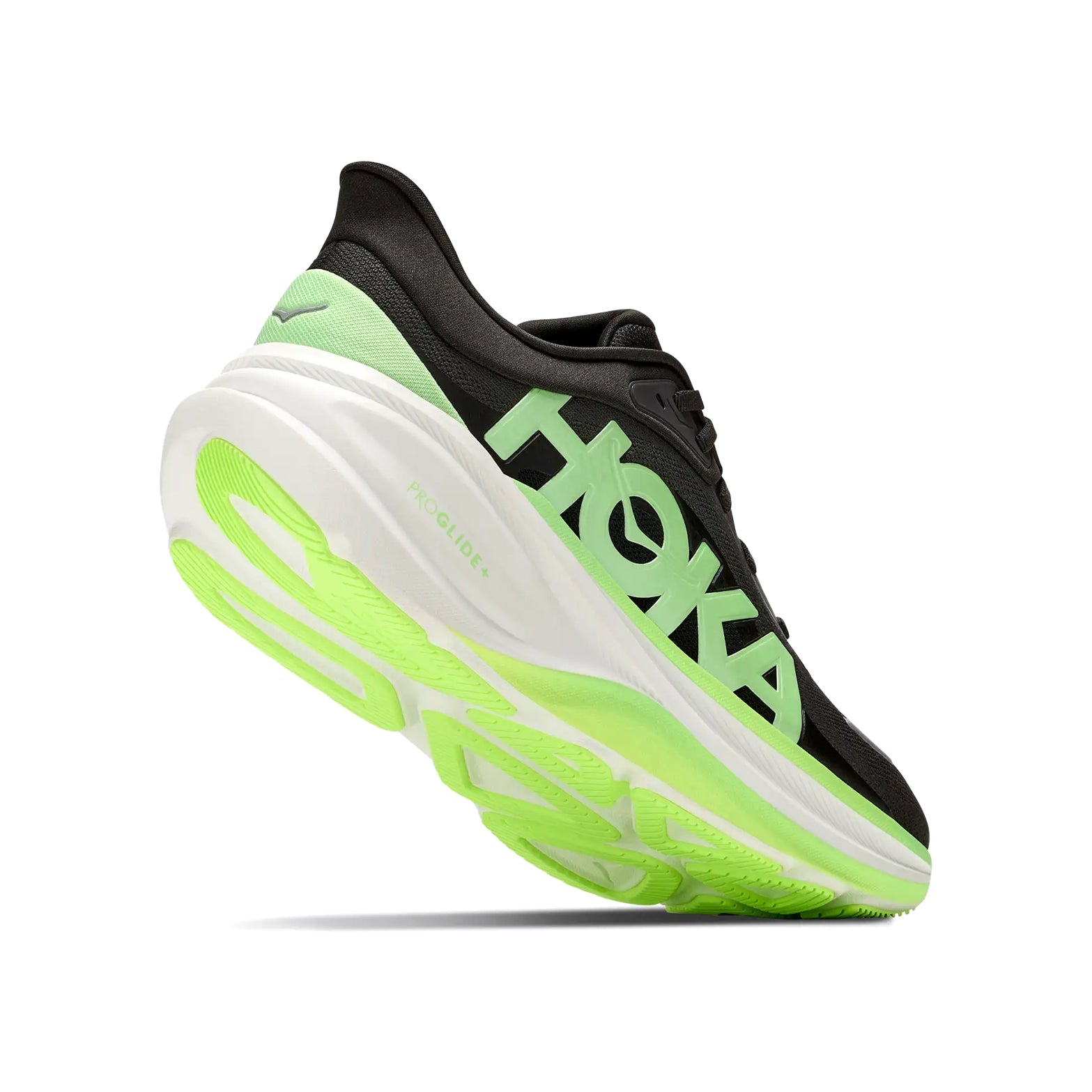 Men’s Clifton Pro Running Shoes by Hoka in Carbon Black / Tart Apple are shown from a low rear angle, highlighting the thick cushioned sole with PROGLIDE+ foam and the prominent Hoka logo on the side.