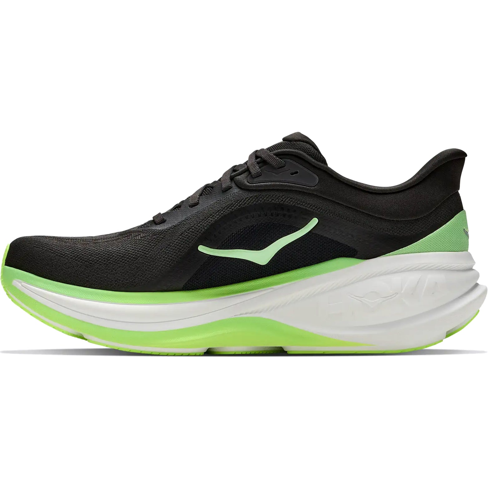 The Hoka Men’s Clifton Pro Running Shoes in Carbon Black / Tart Apple feature a thick, curved SCF foam midsole and a wavy side logo, with green and white accents inspired by the PROGLIDE+ series.