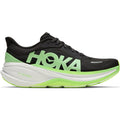 The Hoka Men’s Clifton Pro Running Shoes in Carbon Black and Tart Apple feature a modern, streamlined design from the PROGLIDE+ series, a thick white and green sole with responsive SCF foam midsole, and a large HOKA logo on the side.