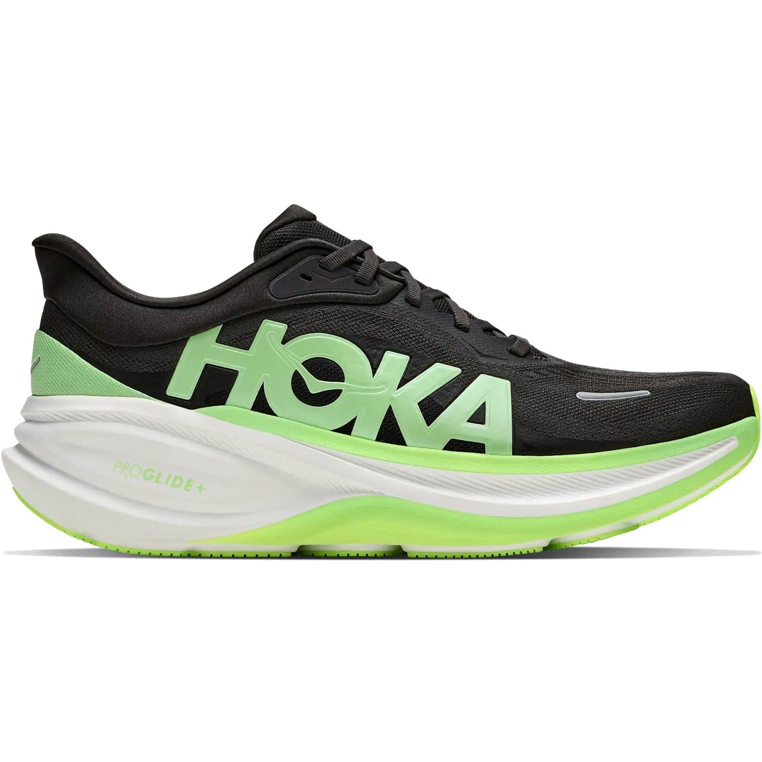 The Hoka Men’s Clifton Pro Running Shoes in Carbon Black and Tart Apple feature a modern, streamlined design from the PROGLIDE+ series, a thick white and green sole with responsive SCF foam midsole, and a large HOKA logo on the side.