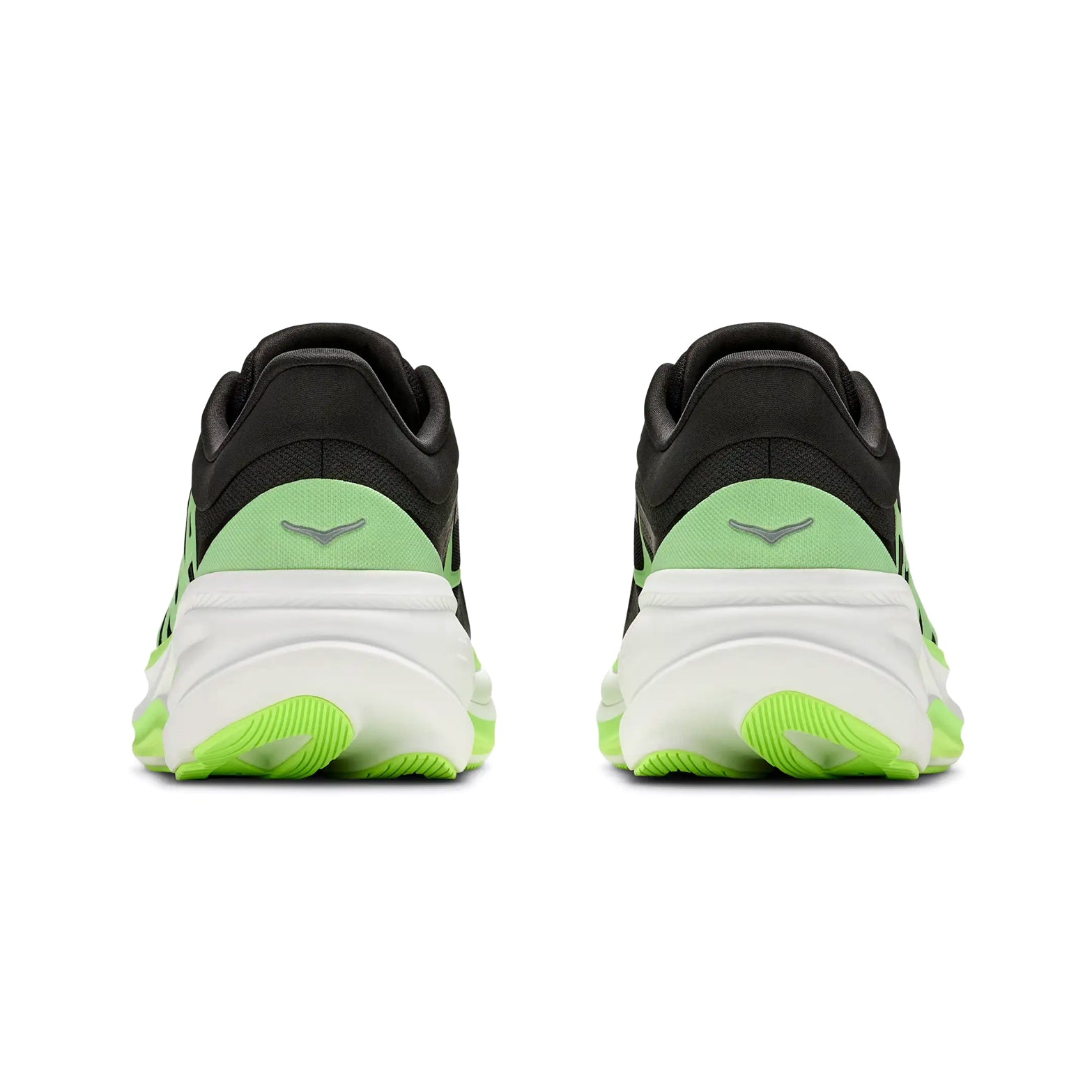 Back view of a pair of Hoka Men’s Clifton Pro Running Shoes in Carbon Black / Tart Apple, featuring black uppers with green accents and white soles. The shoes are side by side on a white background, displaying the Hoka logo on each heel. Part of the PROGLIDE+ series, this model includes an advanced SCF foam midsole for superior comfort and support.