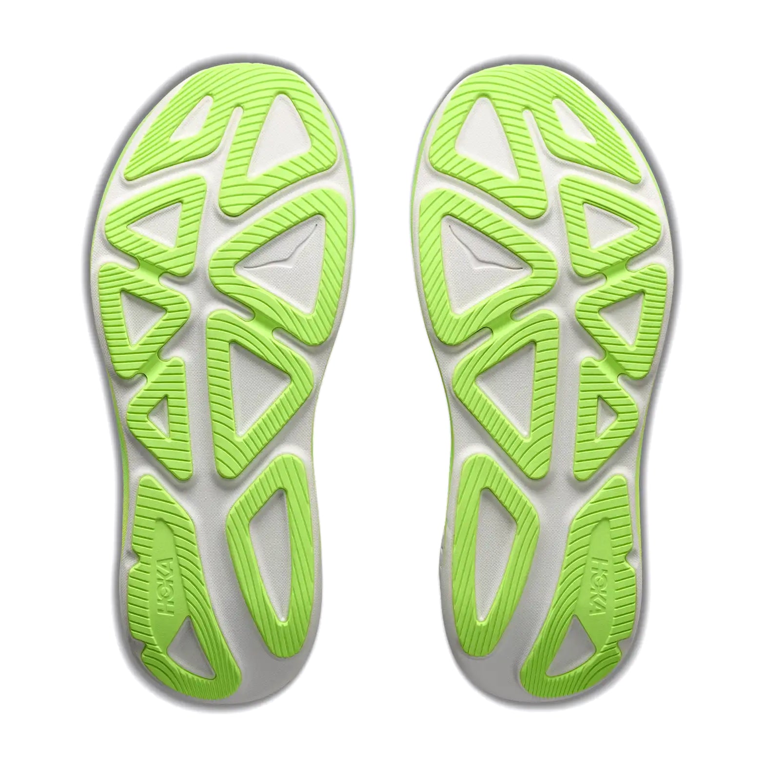 A pair of Hoka Men’s Clifton Pro Running Shoes in Carbon Black / Tart Apple, showcased from the bottom against a white background. The white soles feature vivid green geometric pattern grips and a cutting-edge SCF foam midsole, inspired by the PROGLIDE+ series, delivering performance at a level reminiscent of the HOKA Clifton Pro.