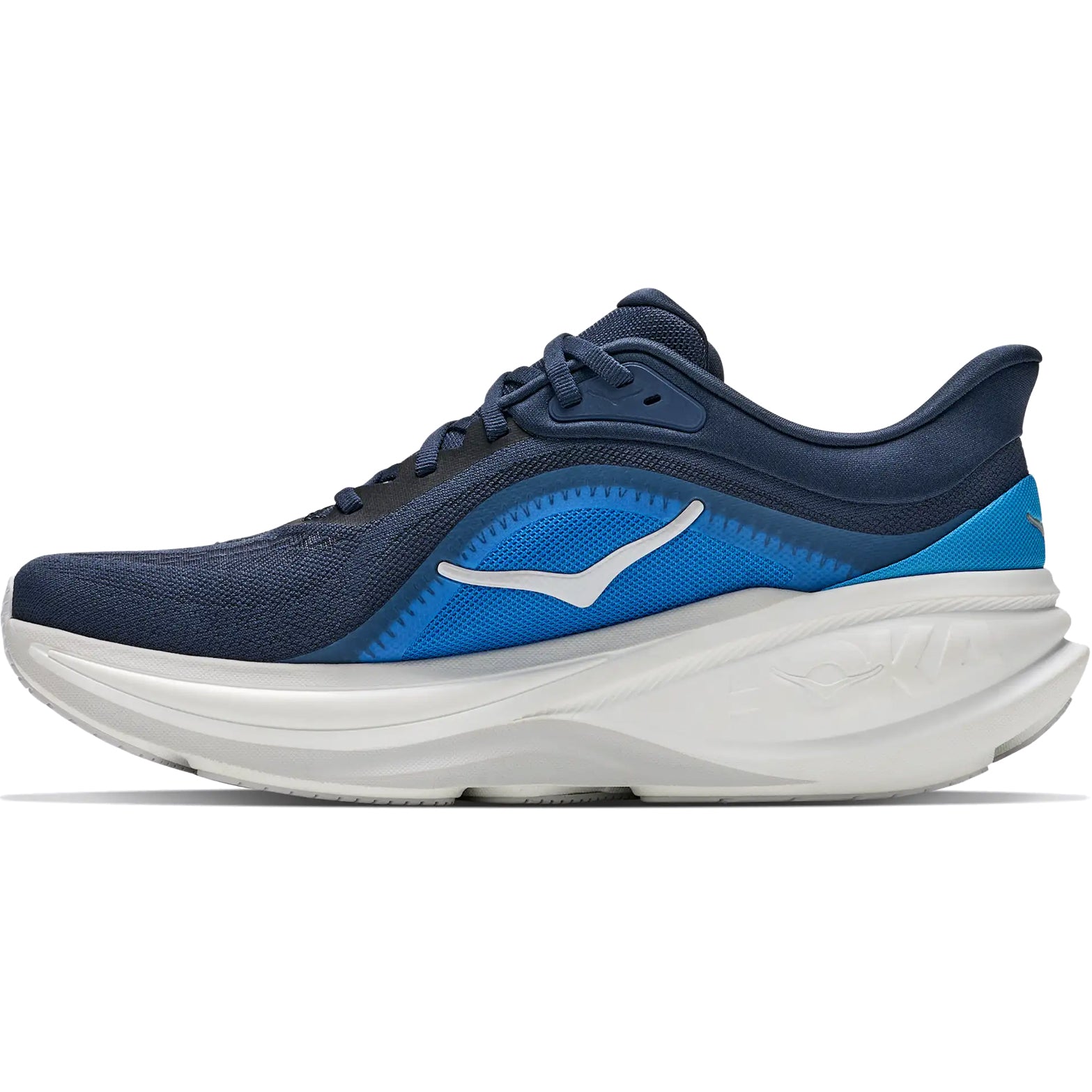 Men's HOKA Clifton Pro Running Shoes Varsity Navy Soft Cobalt inner side view showing SCF foam midsole with updated rocker profile for smooth effortless daily training transitions