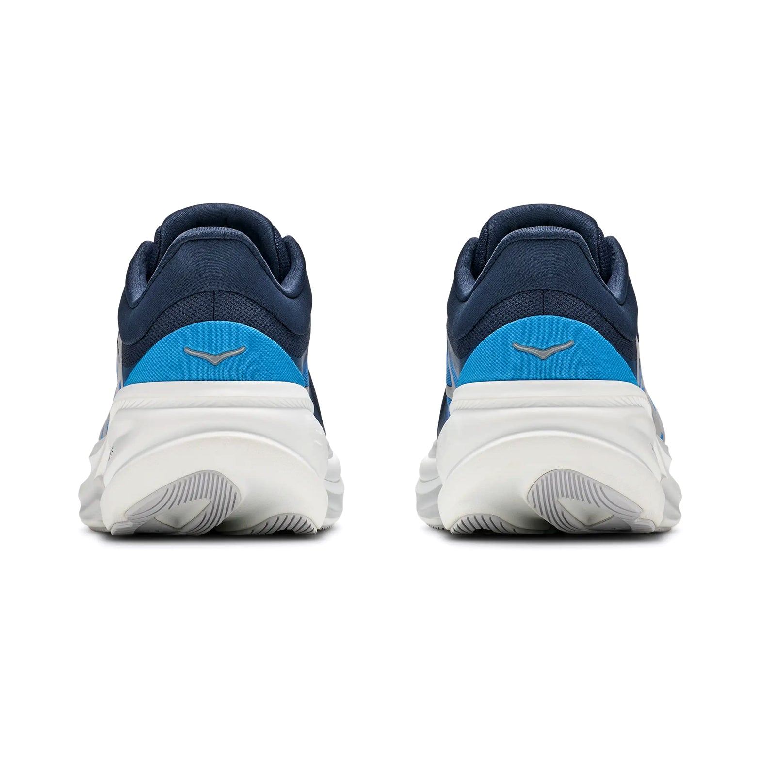 Men's HOKA Clifton Pro Running Shoes Varsity Navy Soft Cobalt heel view showing SCF foam with aggressive MetaRocker and super abrasion rubber heel for lively cushioned daily running