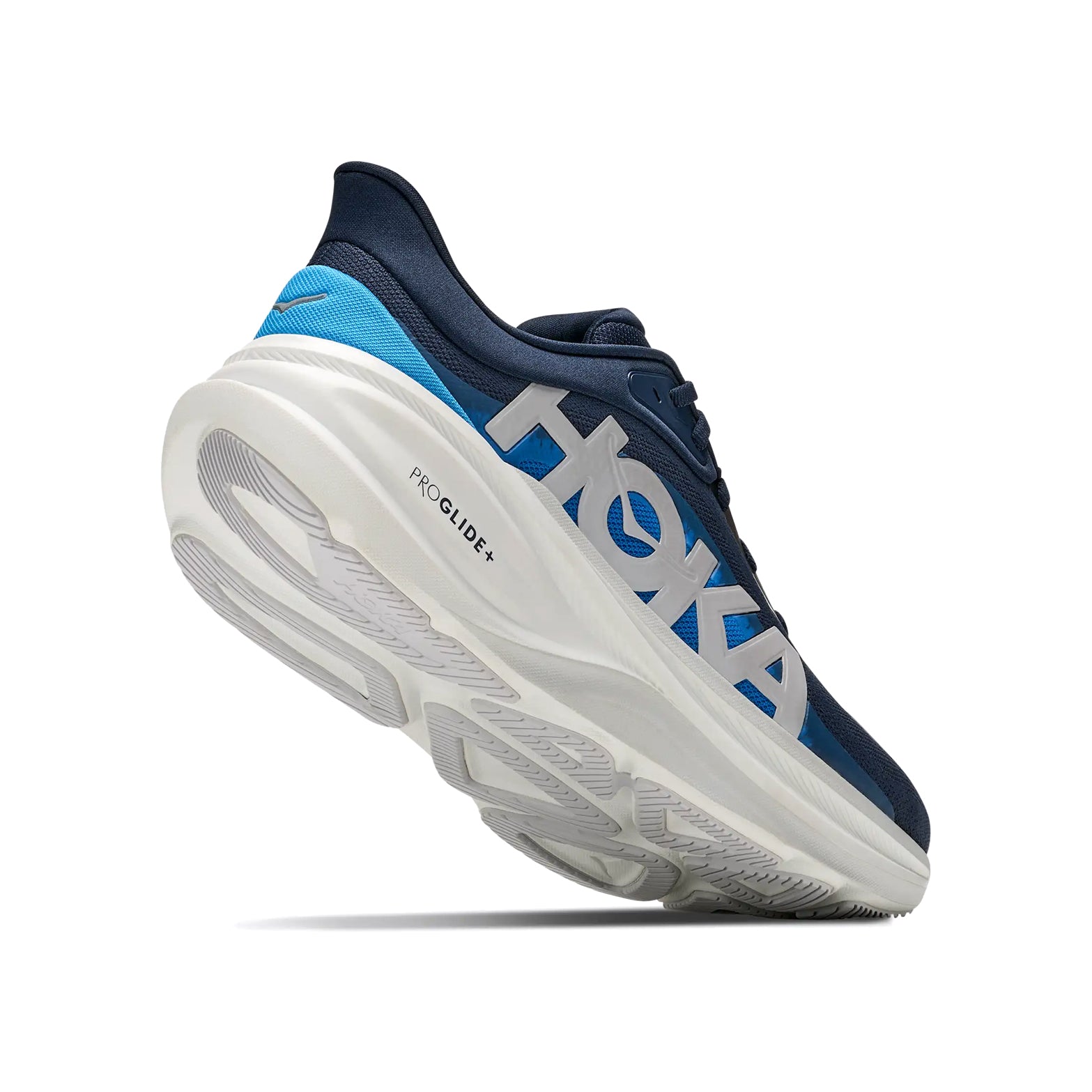 Men's HOKA Clifton Pro Running Shoes Varsity Navy Soft Cobalt angled side and heel view showing PROGLIDE+ series SCF foam with aggressive MetaRocker geometry and podular outsole for smooth lively daily road running