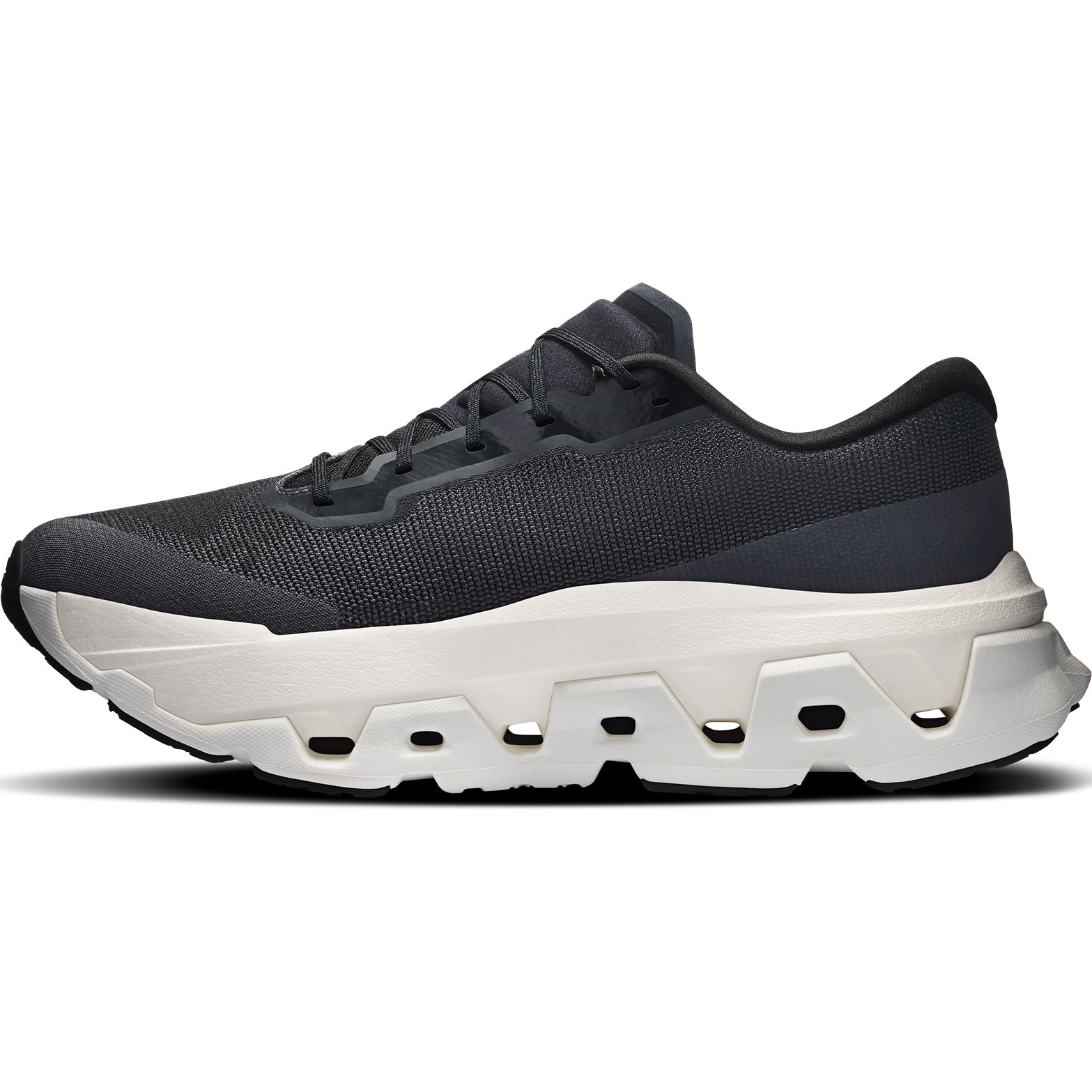 Men's On Cloudmonster 3 Hyper Running Shoes Black Ivory inner side view showing plateless CloudTec cushioning system and Helion HF hyper foam construction