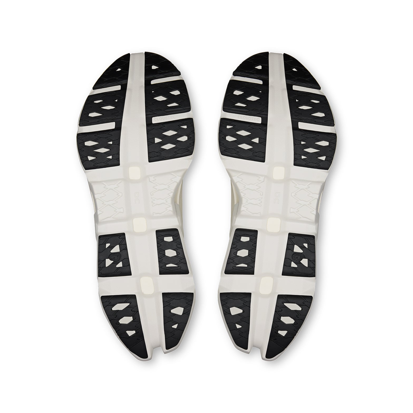 Men's On Cloudmonster 3 Hyper Running Shoes Black Ivory sole view displaying grippy rubber compound outsole and dual-layer CloudTec cushioning pods