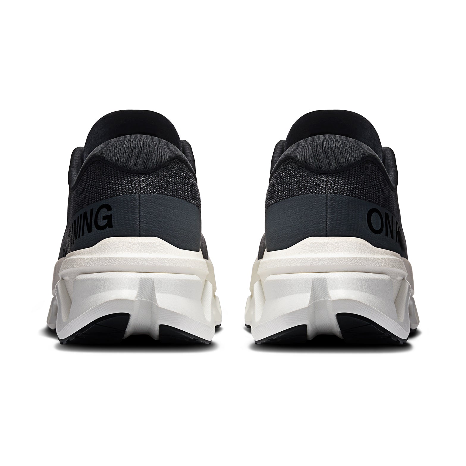 Men's On Cloudmonster 3 Hyper Running Shoes Black Ivory heel view showing re-engineered heel construction and dual-layer Helion foam stack