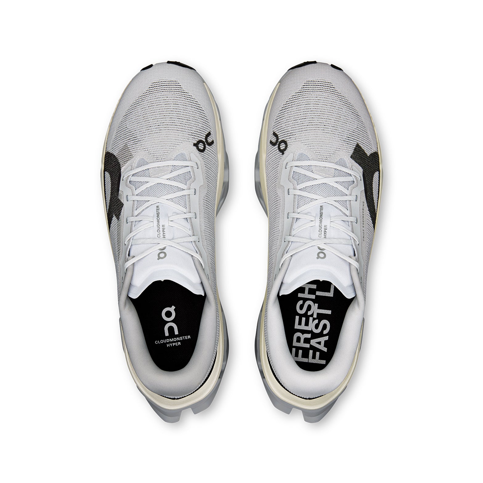 Men's On Cloudmonster 3 Hyper Running Shoes Glacier Black top view showing engineered mesh upper with breathability and soft internal lining