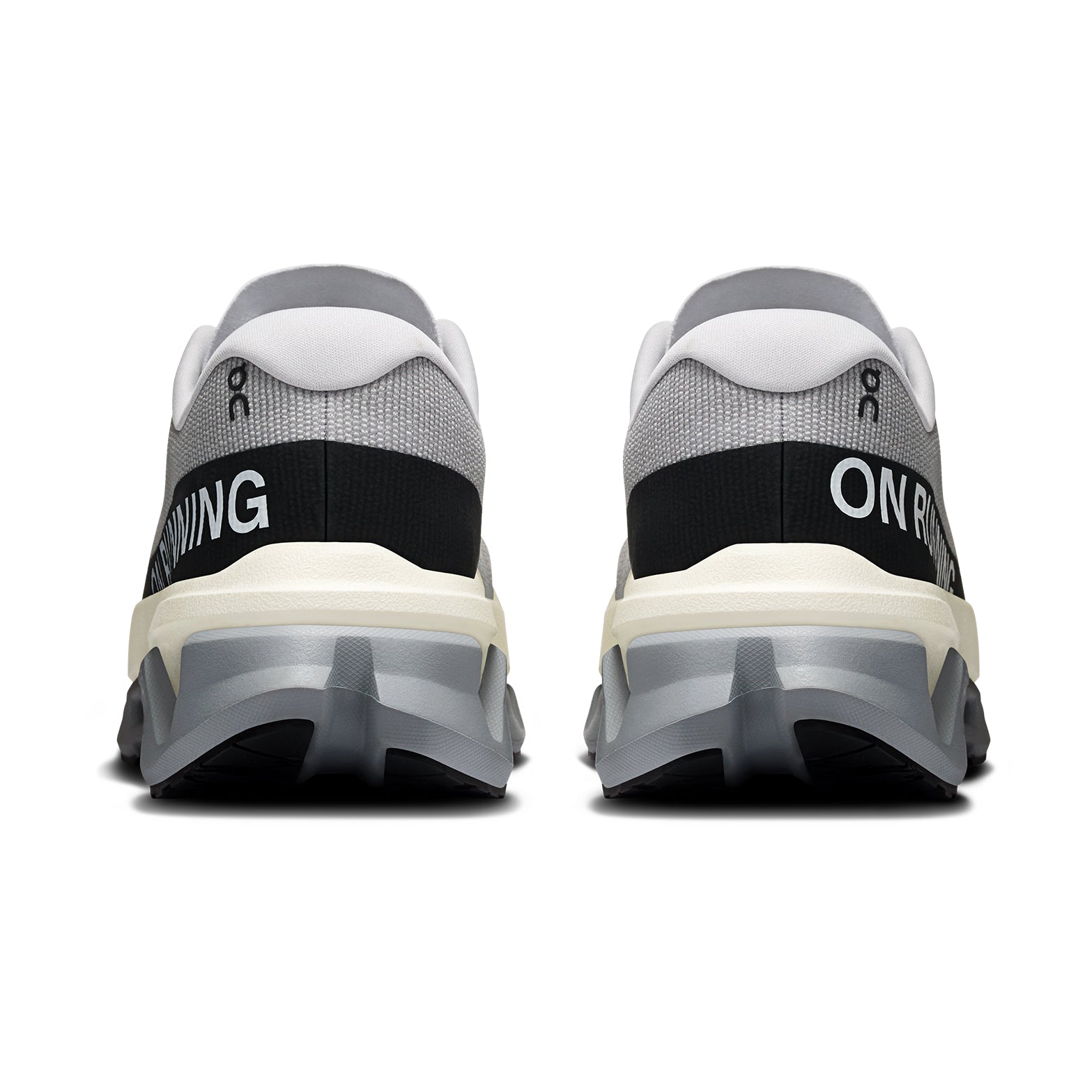 Men's On Cloudmonster 3 Hyper Running Shoes Glacier Black heel view showing re-engineered heel construction and dual-layer Helion foam stack