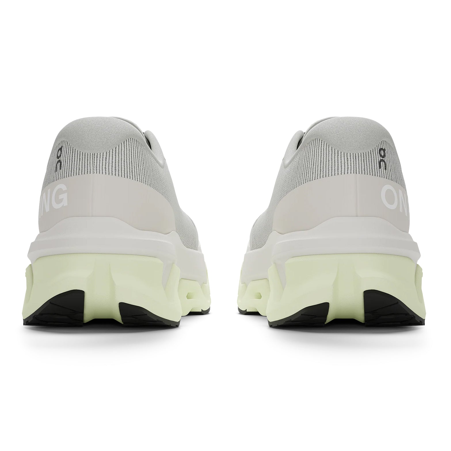 On Cloudmonster 3 Hyper LS men's running shoe in Ivory / Linen — heel view showing enhanced rocker geometry, seamless construction and linen CloudTec® midsole contrast with Helion™ foam base