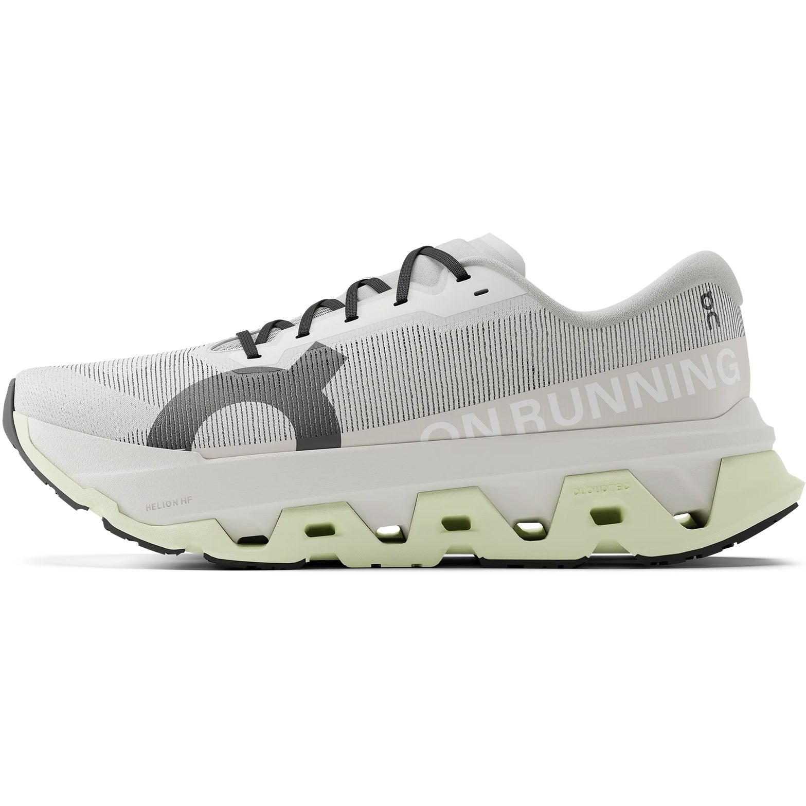 On Cloudmonster 3 Hyper LS men's running shoe in Ivory / Linen — inner view showing ivory LightSpray™ seamless upper, linen midsole detailing, Helion™ HF hyper foam top layer and Helion™ foam base layer construction