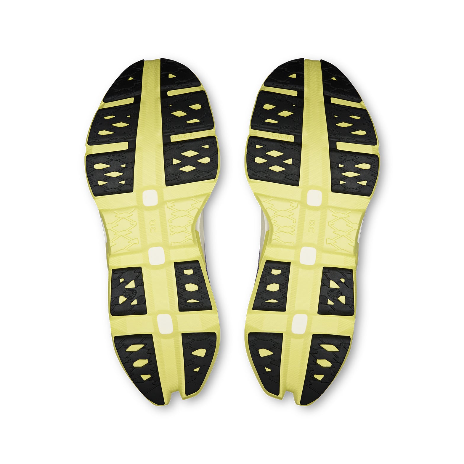 Men's On Cloudmonster 3 Hyper Running Shoes Lily Limelight sole view displaying grippy rubber compound outsole and dual-layer CloudTec cushioning pods