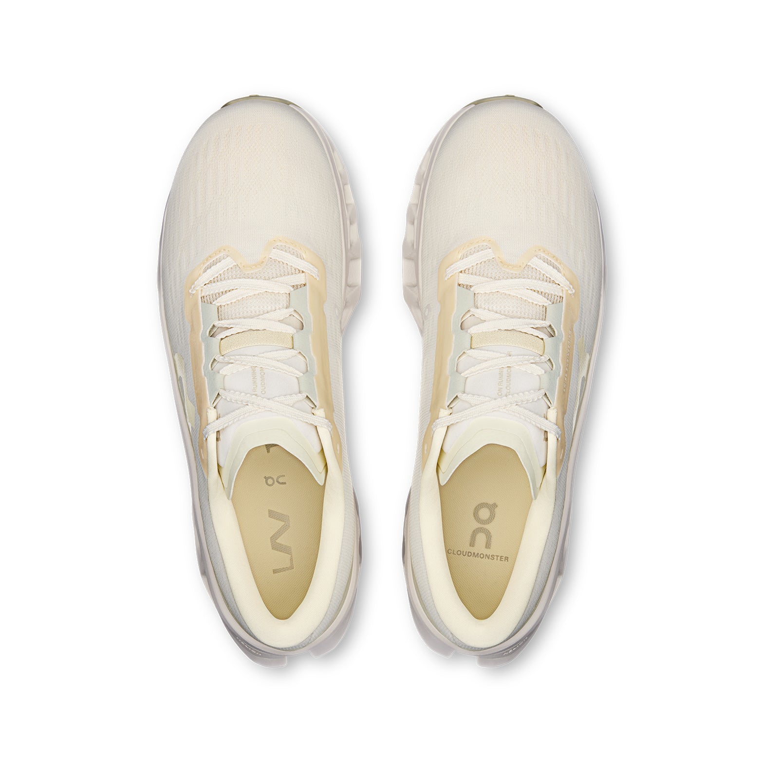 Men's On Cloudmonster 3 LN1 Running Shoes Ivory Ray top view showing engineered knit upper with Lane 1 edition design for comfortable daily running